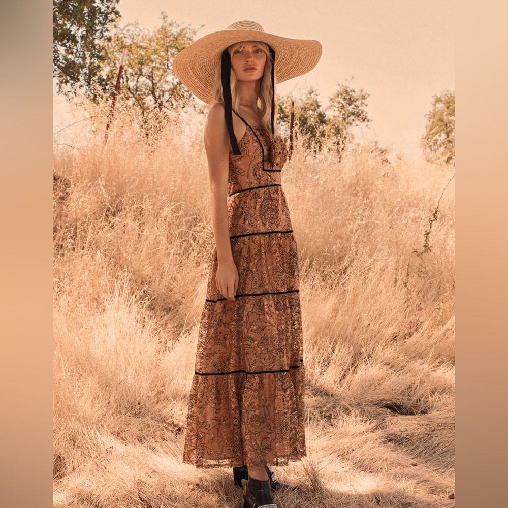 Lulus Honey Punch Womens Light Brown Prairie Dream Lace Maxi Dress Medium